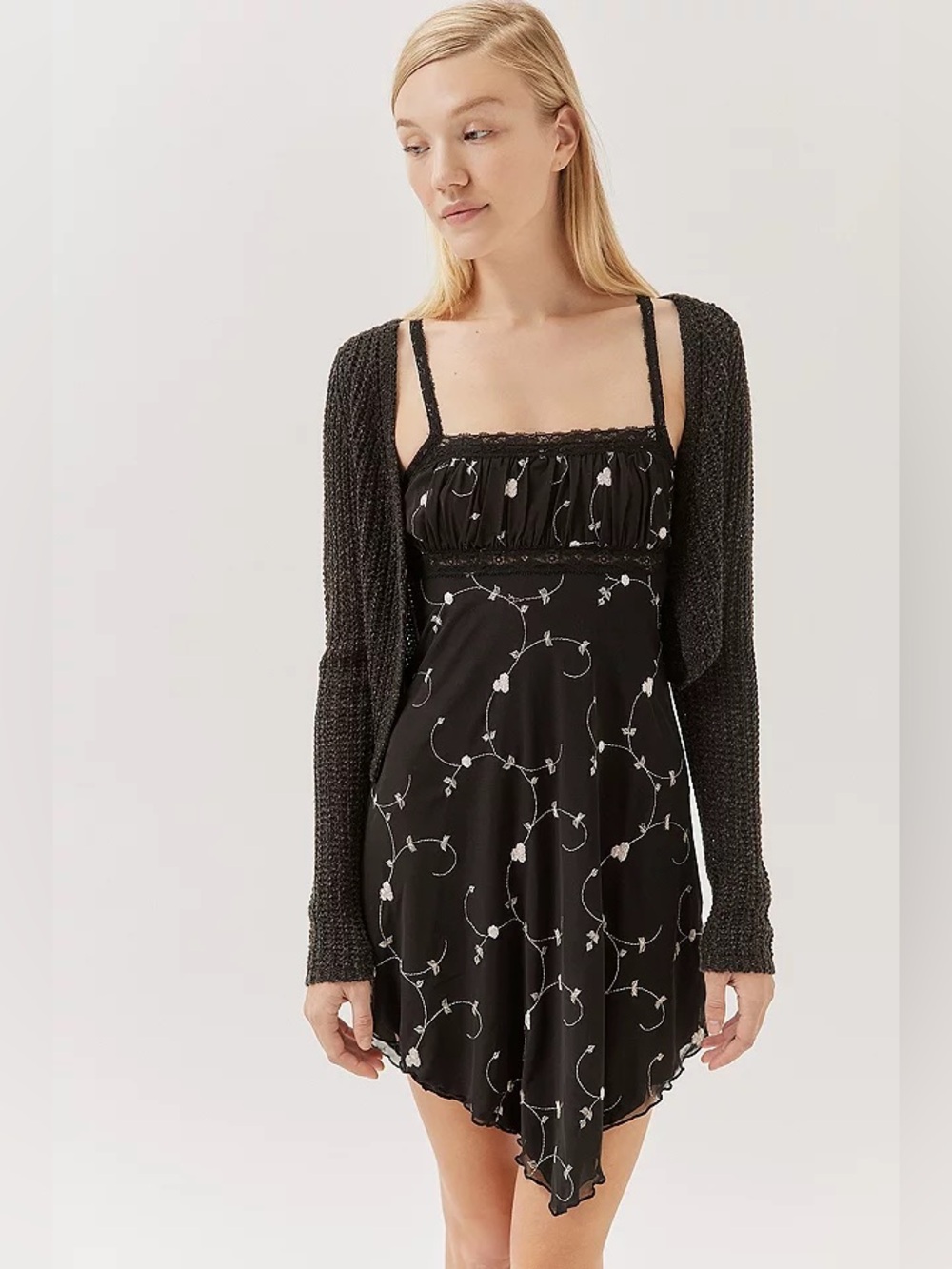 Urban Outfitters Nikita Embroidered Hanky Hem Mini Dress In Black